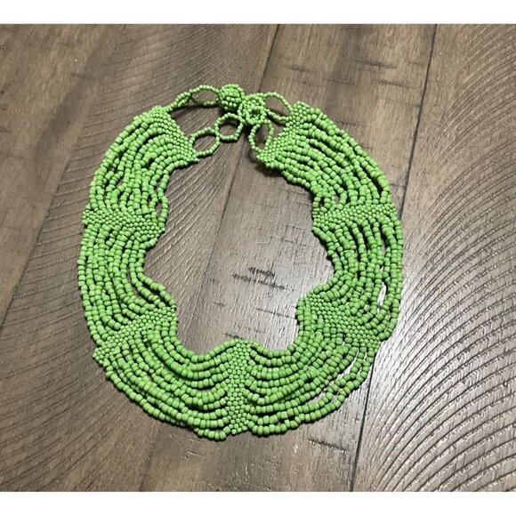 Art Deco Style Scalloped Seed Bead Glass Bib Necklace Green Boho Festival - Picture 2 of 6